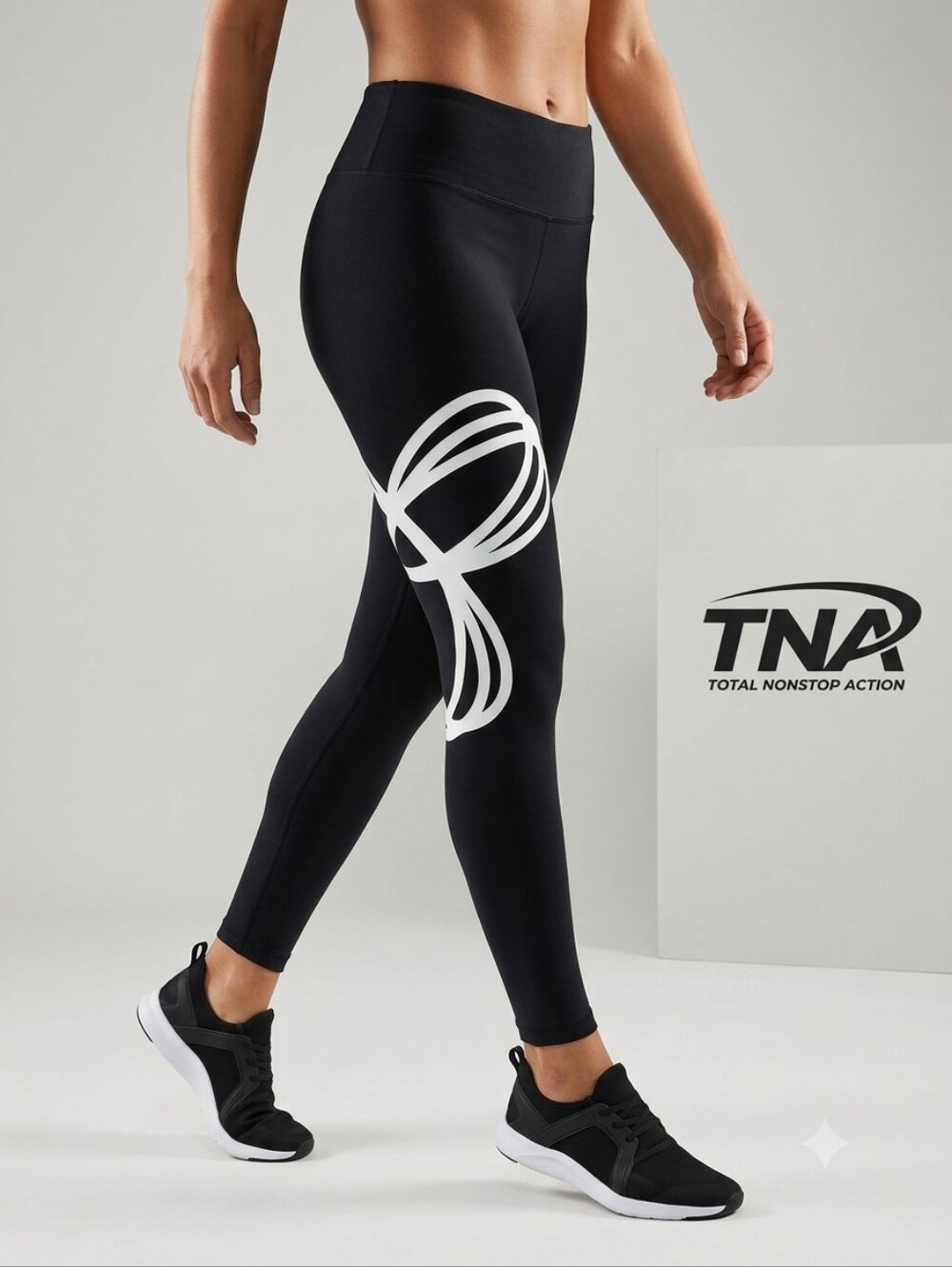 TNA Black Leggings with White Ribbon Graphic